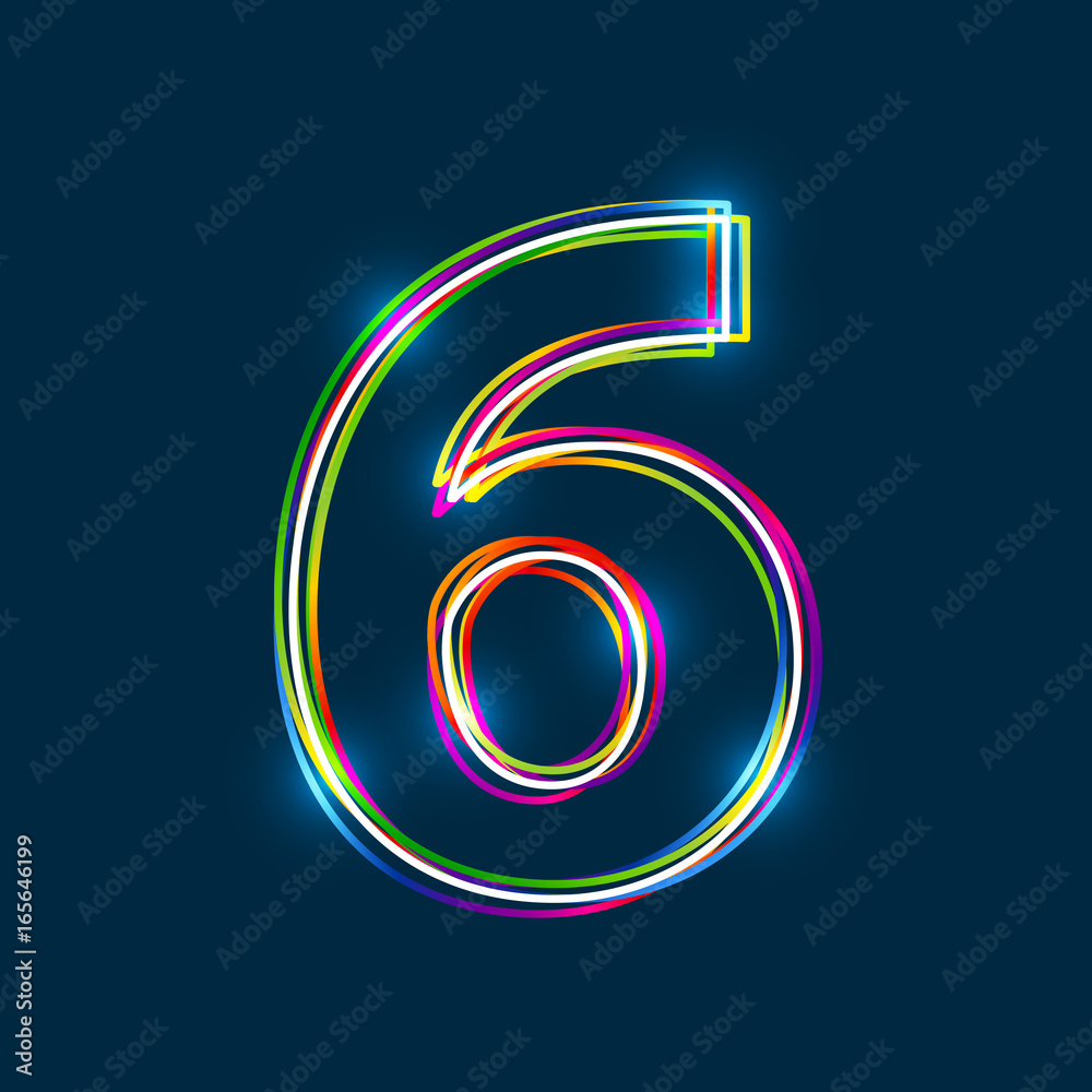 Poster Number 6 - Vector multicolored outline font with glowing effect isolated on blue background. EPS10