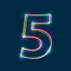 Number 5 - Vector multicolored outline font with glowing effect isolated on blue background. EPS10