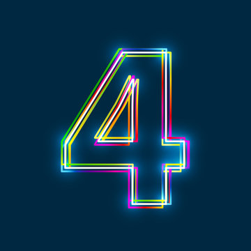 Number 4 - Vector multicolored outline font with glowing effect isolated on blue background. EPS10