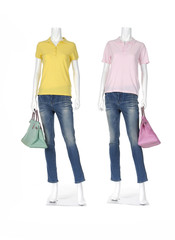 full-length two female mannequin shirt dressed in jeans,bag-white background

