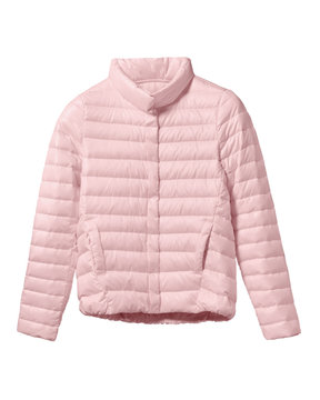Pale pink woman pastel worm down jacket isolated on white