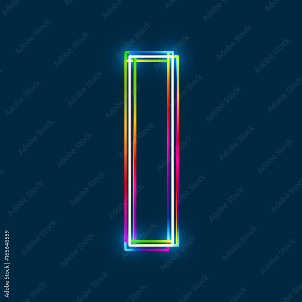 Poster letter i - vector multicolored outline font with glowing effect isolated on blue background. eps10