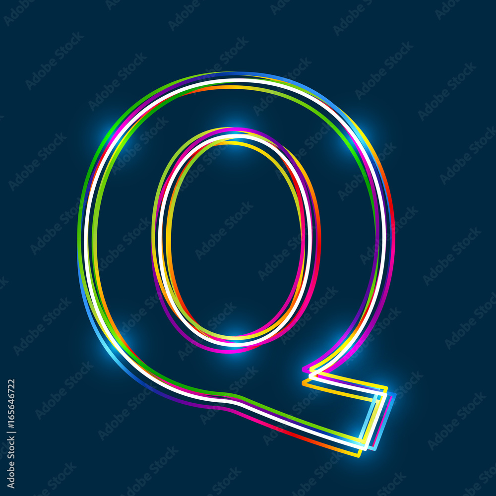 Poster Letter Q - Vector multicolored outline font with glowing effect isolated on blue background. EPS10