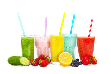 Collage of glasses with fresh delicious smoothie and straw on white background