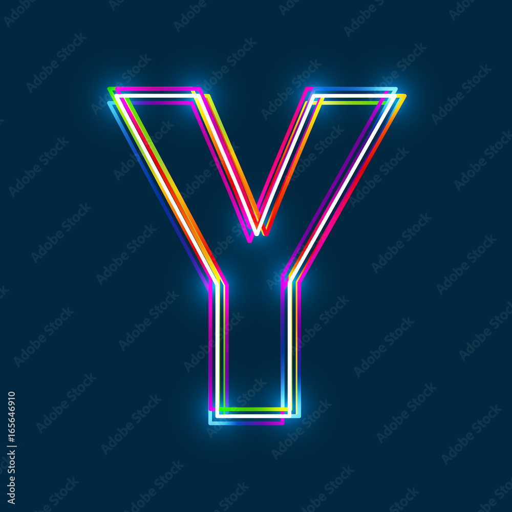 Poster Letter Y - Vector multicolored outline font with glowing effect isolated on blue background. EPS10