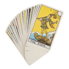 Deck of Tarot cards on white background ; THE FOOL.