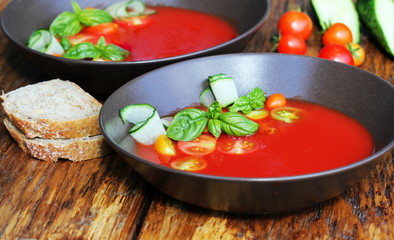 Homemade Gazpacho tomato soup in brown bowl. Healthy eating concept