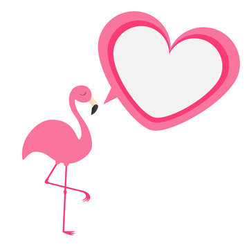Pink flamingo. Exotic tropical bird. Zoo animal collection. Heart frame talking bubble. Cute cartoon character. Decoration element. Flat design. White background. Isolated.