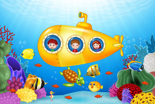 Little kids in submarine on the sea