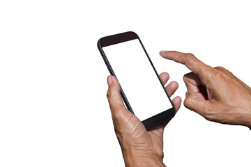 Man hand holding and using mobile,cell phone,smart phone with isolated screen on white background.