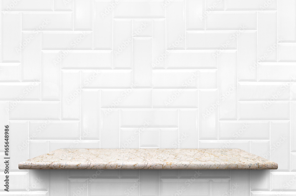 Poster empty white marble shelf at white ceramic tile wall background,mock up for display or montage of pro