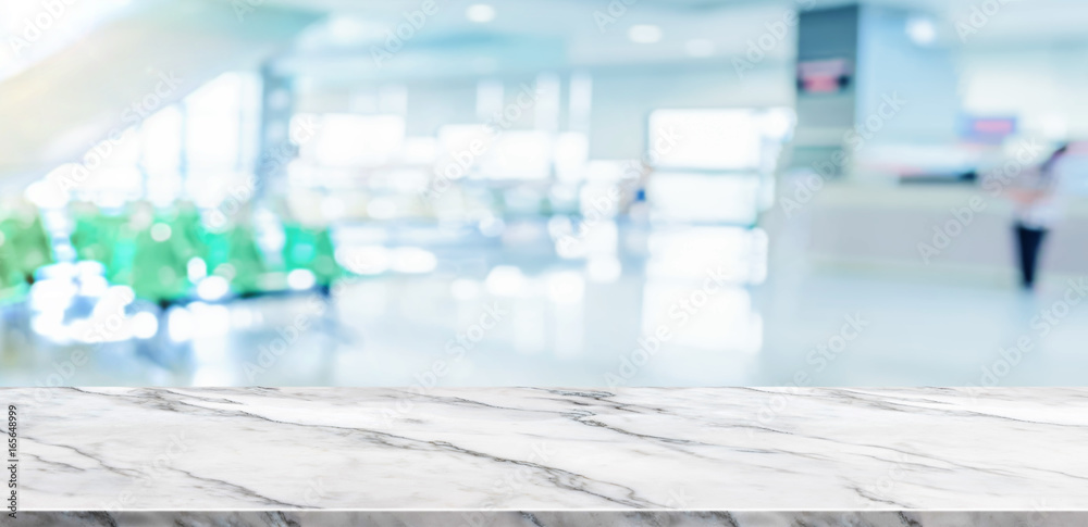 Aufkleber empty white marble table top view with blurred patient at hospital background,mock up template for d