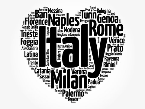 List of cities and towns in Italy composed in love sign heart shape, word cloud collage, business and travel concept background