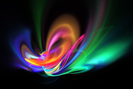 Abstract orange, red, pink, green and blue smoky shapes on black background. Fantasy fractal texture. 3D rendering.