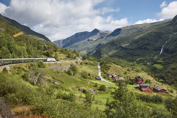 Obraz premium Flam railway landscape. Norwegian tourism highlight. Norway landmark.