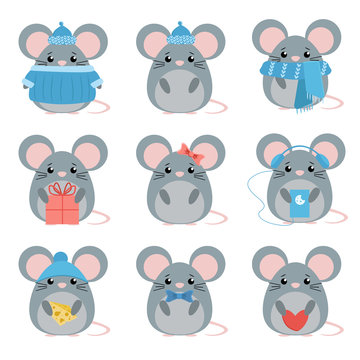 Vector set mouse in warm clothes with different subjects: cheese, hat, scarf, gift, heart, bow. Cartoon cute illustration