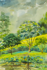 Landscape painting colorful of Trees along the pond and emotion