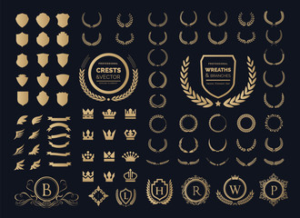 Luxury logo set. Crest logo element, Crown, Wing, Emblem, Heraldic Monogram. Vintage logo design elements.