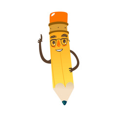 Vector cartoon humanized pencil with arms and face emotions, in glasses . Flat isolated illustration on a white background. Happy, smiling character, Back to school concept