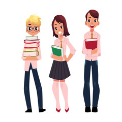 Three students, pupils, school kids standing together, holding books, cartoon vector illustration isolated on white background. Group of pupils, students, boys and girls, full length portrait