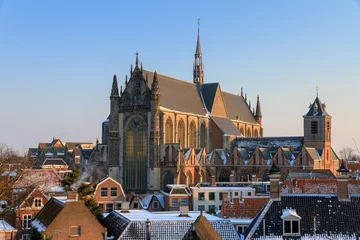 Fotobehang Monument Cityscape skyline of the Hooglandse kerk (church) in Leiden, the Netherlands in winter