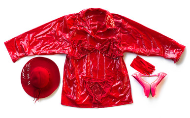 Red underwear sexy lingerie, red women's raincoat, red hat and red shoes