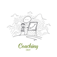 Coaching concept. Hand drawn coach near chipboard teaching people. Training process isolated vector illustration.