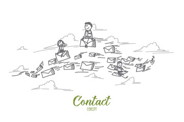 Contact concept. Hand drawn people sending e-mails to each other. Contacting through e-mails isolated vector illustration.