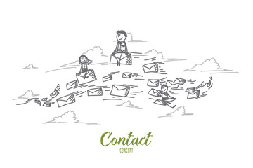 Obraz premium Contact concept. Hand drawn people sending e-mails to each other. Contacting through e-mails isolated vector illustration.