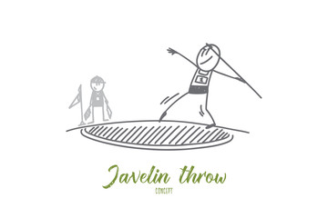 Javelin throw concept. Hand drawn male athlete preparing to throw javelin. Athlete throwing javelin isolated vector illustration.