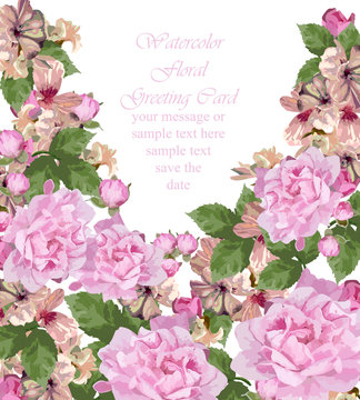 Pink roses card Vector. delicate summer card. Springtime fresh natural composition