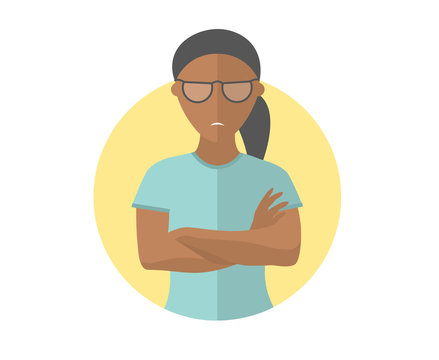 Sullen and gloomy black pretty girl in glasses, offended woman. Flat design icon. Morose, moody emotion. Simply editable isolated on white vector sign
