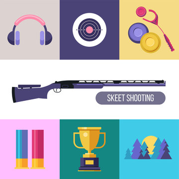 Shooting Skeet. Set of colored vector design elements. Square icons.