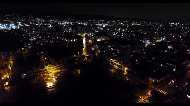 Drone is shooting streets of Los Angeles at night