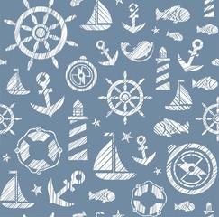Obraz premium Nautical background, seamless, gray-blue, vector. The attributes of a sea voyage in gray-blue background. White pictures drawn with diagonal hatching. Vector pattern. 