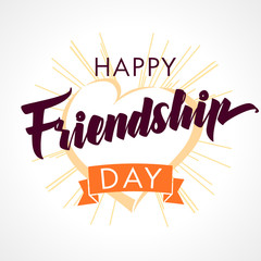 Happy Friendship Day heart and beams light greeting card. Happy Friendship day vector typographic design, inspirational quote about friendship