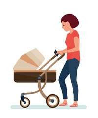 A woman with a stroller, with phone in hand, walking in the Park. White background. Vector illustration flat cartoon style