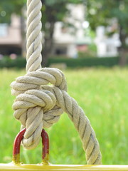 The rope tied to steel ring with green grass background,as a symbol for relationship  harmony engagement teamwork or collaboration. 