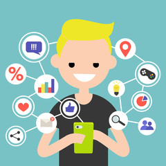Millennial consuming online content on mobile device / flat editable vector illustration, clip art