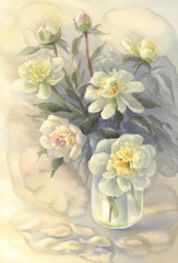 bouquet of white peonies in vase watercolor