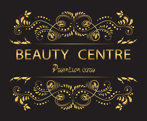 Vintage sign BEAUTY CENTER. Design Elements in Vintage Style. Vintage filigree frame, logo, banner and label. Logo for make up artist. Hand Drawn 