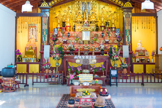 Temple of the Japanese Peace Pagoda. The Stupa exist since 2004, situated on the Rumassala hill in the Jungle of Unawatuna. The buddhist monument that inspired for peace, is leaded from Japanese monks