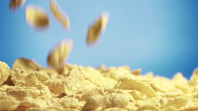 Corn cereals falling on a hip on blue background