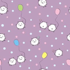 Seamless pattern with sheep with balloons and polka dots on a purple background. Funny texture.