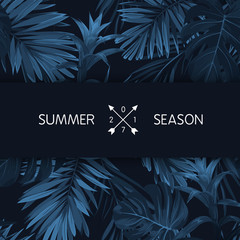 Obraz premium Blue indigo summer tropical hawaiian background with palm tree leaves and exotic flowers. Vector design for banner or advertisment.