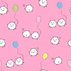 Seamless pattern with sheep with balloons on a pink  background. Funny texture.