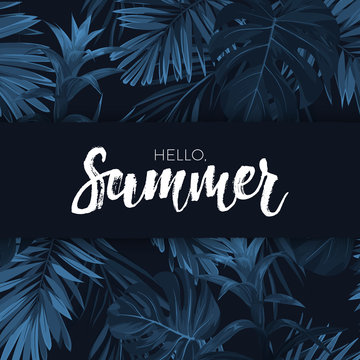 Blue indigo summer tropical hawaiian background with palm tree leaves and exotic flowers. Vector design for banner or advertisment.