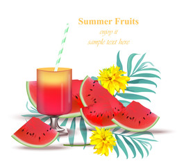 Watermelon juice tasty sweet summer background. Refreshing juicy Vector template