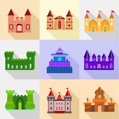 Types of fortress icons set, flat style