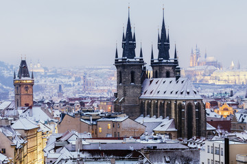 Winter in Prague - city panorama with Tyn Cathedral and Clock Tower